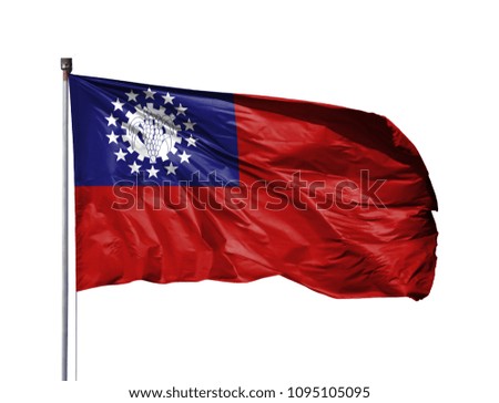 National flag of Myanmar-Burma on a flagpole, isolated on white background