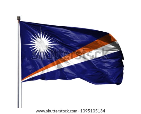 National flag of Marshall Islands on a flagpole, isolated on white background