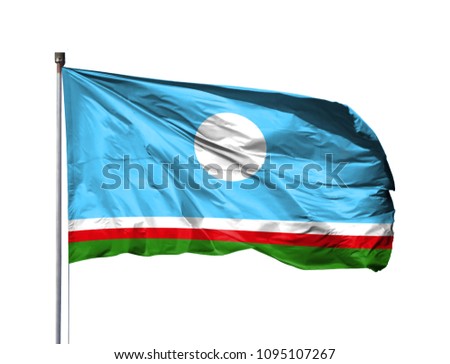 National flag of Sakha Republic on a flagpole, isolated on white background