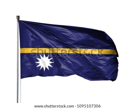 National flag of Nauru on a flagpole, isolated on white background
