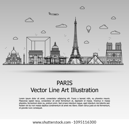 Line Art Vector Illustration of Modern Paris City with Skyscrapers. Flat Line Graphic. Typographic Style Banner. The Most Famous Buildings Cityscape on Gray Background.