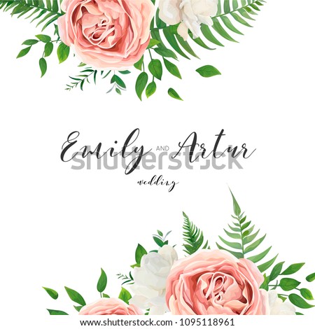 Wedding vector invitation, floral invite card with watercolor style blush pink garden roses, white peony flowers, green eucalyptus, tree leaves, greenery, herbs frame, border. Romantic template design