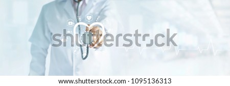 Cardiologist doctor with stethoscope in hand toching medical icon network connection on modern virtual screen networking inerface, medical technology and patient concept, blank text Royalty-Free Stock Photo #1095136313