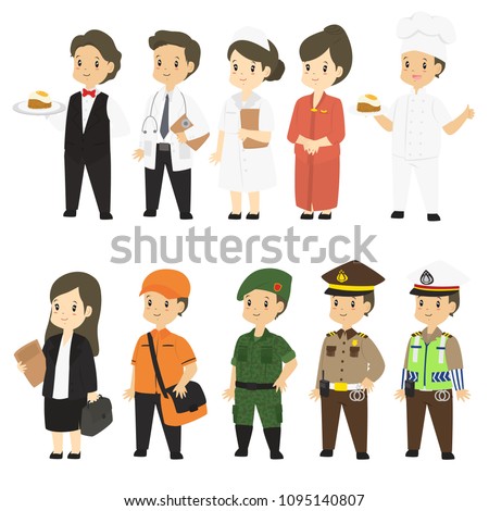Set of different professions characters cartoon vector in flat style : waiter, doctor, nurse, stewardess, chef, lawyer, postman, army, police, traffic police