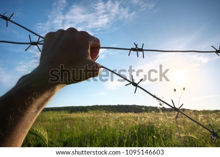 Hand of prison and sky nature background. Conceptual scene.