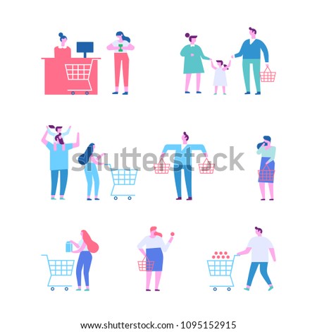 Different people shopping at mall or supermarket. Flat vector illustration isolated on white.