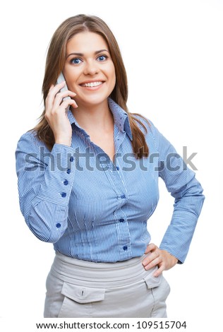 Young business woman with phone. Isolated portrait.