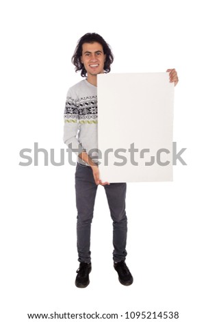 man holding billboard  with full body while standing , isolated on white background