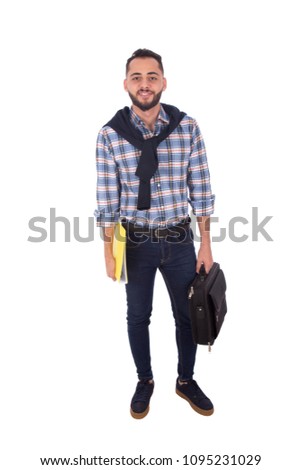 young handsome man holding bag in left hand and the file in right hand , isolated on white background