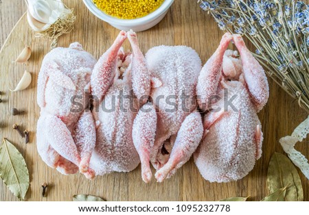 Raw frozen quails, mustard, herbs and spices for marinating on the wooden table. Royalty-Free Stock Photo #1095232778