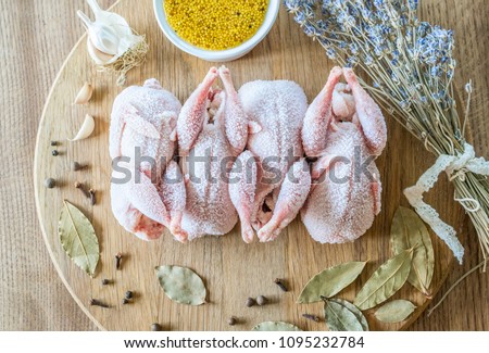 Raw frozen quails, mustard, herbs and spices for marinating on the wooden table. Royalty-Free Stock Photo #1095232784