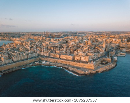 Beautiful aerial sunset view of the Valletta city in Malta. Beautiful city from above with amazing old architecture.