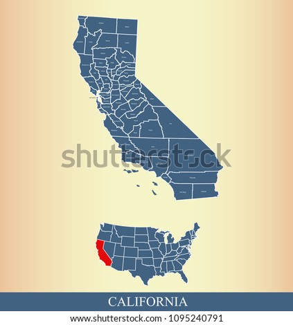 California county map with names labeled. California state of USA map vector outline  Royalty-Free Stock Photo #1095240791