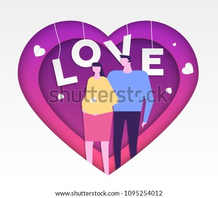 Happy couple expecting a child - vector paper cut illustration on white background. Composition with husband and pregnant wife standing together, hugging. Big heart with origami effect. Love theme