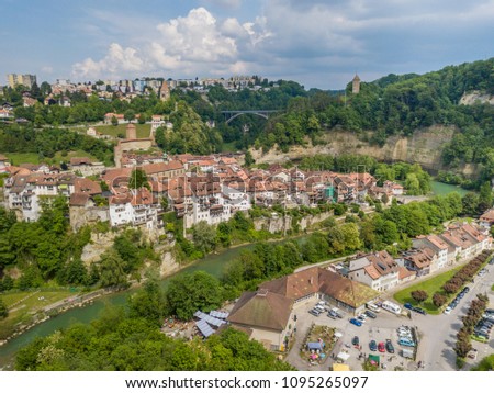 Aerial view of old medieval city of Fribourg in Switzerland on a