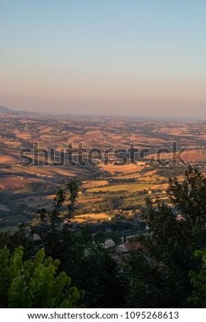 Panorama on the Marche hills until you reach the Adriatic Sea from Cingoli the balcony of Marche, Macerata, Marche, Italy