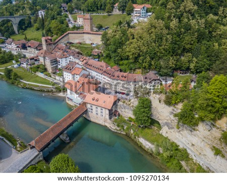 Aerial view of old medieval city of Fribourg in Switzerland