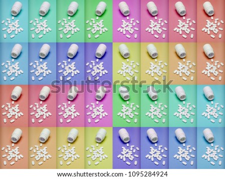 Medication bottle and white pills spilled on pastel coloured backgrounds. Medication and prescription pills flat lay background. Creative Opioid epidemic concept.