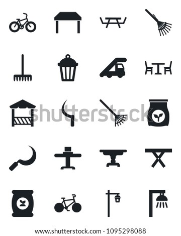 Set of vector isolated black icon - cafe vector, ladder car, rake, sickle, garden light, picnic table, fertilizer, bike, restaurant, alcove, outdoor lamp