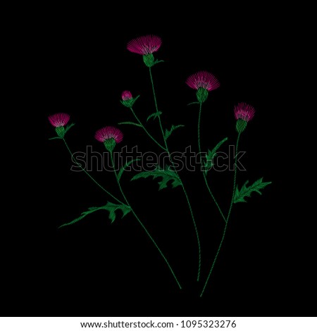 Traditional folk flower fashionable embroidery on the black background. A bouquet of roses and a dog rose, for printing on clothes, vector