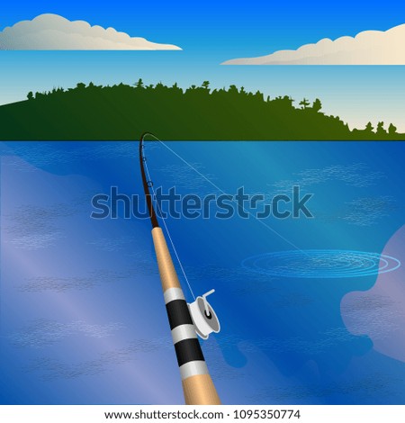 fishing rod with a reel, bite. Fishing, first-person view, pond, forest on the horizon.  Vector Illustration