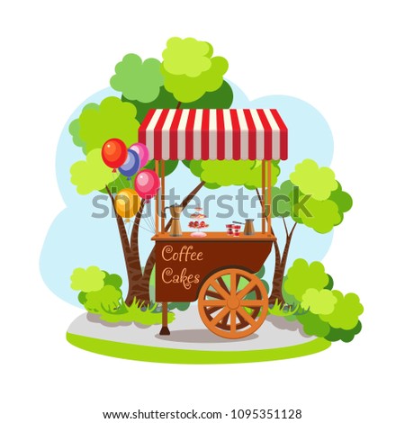 A trolley with coffee and cakes. A mobile shop with food in the background of the park. Festive balloons. Flat. Landscape with trees, bushes and blue sky. Vector illustration.