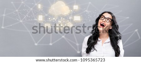 Cloud with People with happy young businesswoman on a gray background