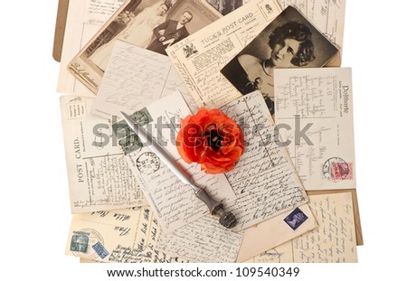 vintage background with old photos, post cards and antique letter opener