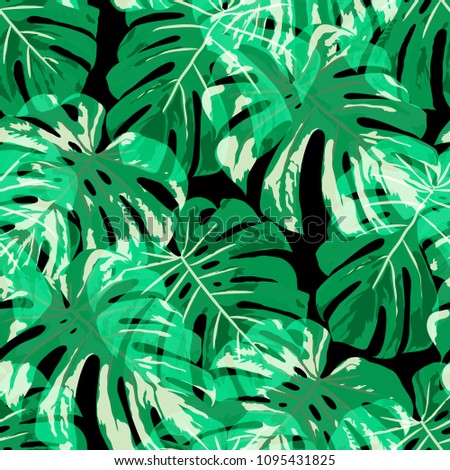 Tropical Leaves. Seamless Texture with Bright Hand Drawn Leaves of Exotic Tree. Summer Rapport for Print, Paper, Swimwear. Vector Seamless Background with Tropic Plants. Watercolor Effect.