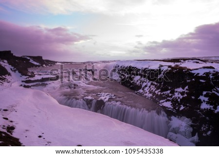 Gullfoss waterfall in the morning one of the most famous waterfall in Icaland / This place is the land of America and Europe are attached