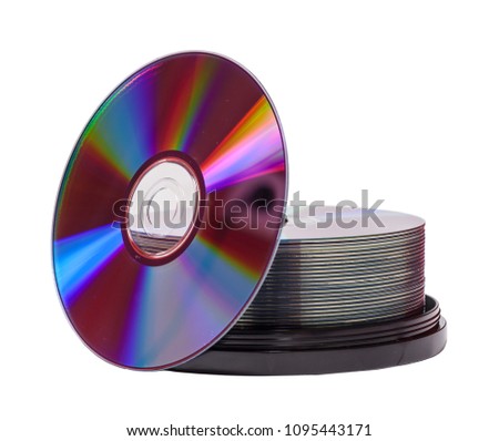 Two Stacks of empty dvd-r disks isolated on white background Royalty-Free Stock Photo #1095443171