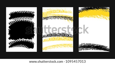 Vector automotive posters template. Grunge tire tracks backgrounds for portrait poster, digital banner, flyer, booklet, brochure and web design. Editable graphic image in black, yellow, white colors
