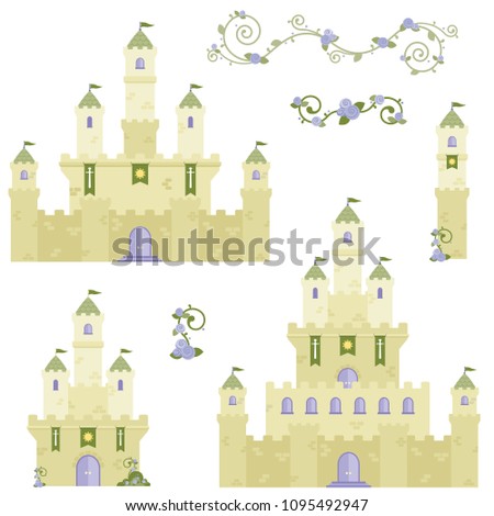 Beautiful Fairy Tale Fantasy Castle Tower Design Set Flat Vector Illustration Isolated on White