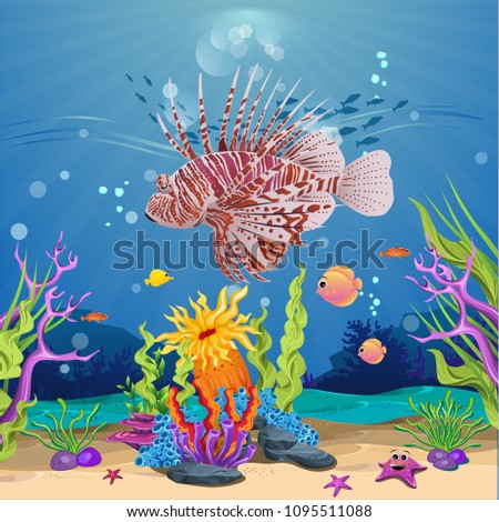 fish and coral reefs in the sea. underwater beauty. there is a lion fish