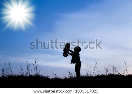 Happy children playing on nature summer silhouette