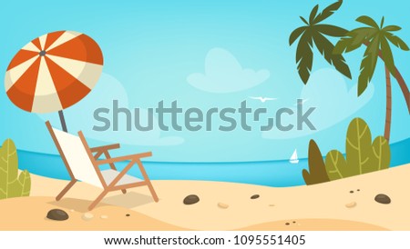 Empty beautiful beach with chair, umbrella and yacht.