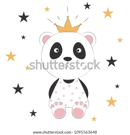 Cute panda princess on a light background with stars. Sweet kids graphics for t-shirts. Greeting card.