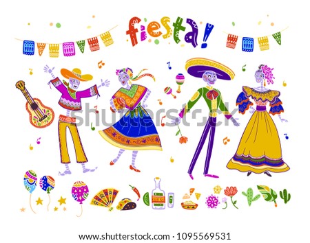 Big vector set of fiesta elements, symbols & skeleton characters in flat hand drawn style isolated on white background. Icons for mexico celebrations, national patterns & decorations, traditional food