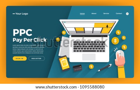 Mock-up design website flat design concept PPC pay per click. Vector illustration. Royalty-Free Stock Photo #1095588080