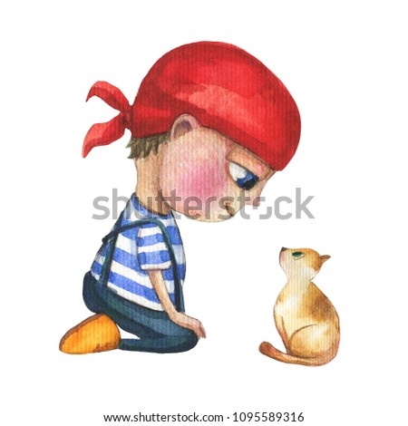 A cute and little boy who looks like a pirate. He is sitting and looking at the kitty. Watercolor hand drawn illustration.