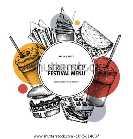 Fast food art. Engraved style design with vector drawing for logo, icon, label, packaging, poster. Street food festival menu with vintage illustrations.