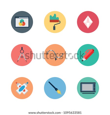 Icons Design with pen, vector, paint roller and paint tube 