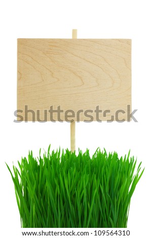Empty wooden Sign with green Wheat Grass / isolated on white