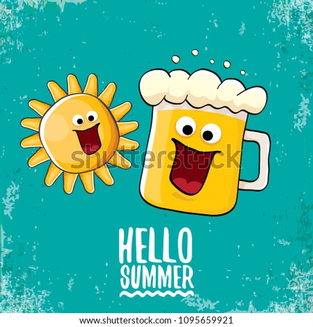 vector cartoon funky beer glass character and summer sun isolated on azure background. Hello summer text and funky beer concept illustration. Funny cartoon smiling friends.