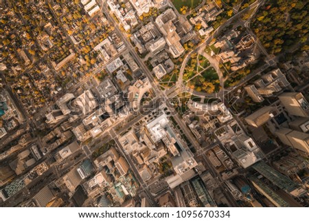 Aerial shot taken from a helicopter above University Avenue and College Street