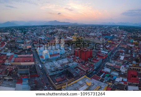Aerial view of the center of Cordoba, Veracruz, Park 21 de Mayo with the Cathedral of the Sagrario of the Immaculate Conception in the background