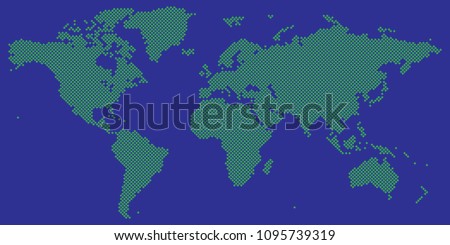 Vector drawing of Tetragon world map vector green on blue