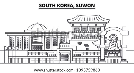 South Korea, Suwon line skyline vector illustration. South Korea, Suwon linear cityscape with famous landmarks, city sights, vector landscape.  Royalty-Free Stock Photo #1095759860