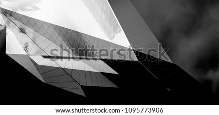 Collage of modern architecture photos with angular structure. Abstract black and white building in dramatic light. Royalty-Free Stock Photo #1095773906