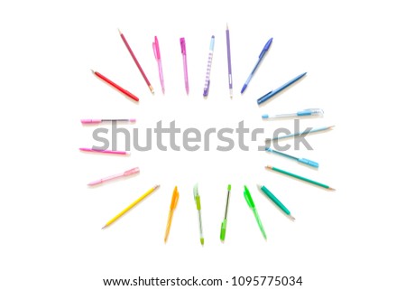 School accessories are laid out in the form of a rainbow. Line, row on a white background.